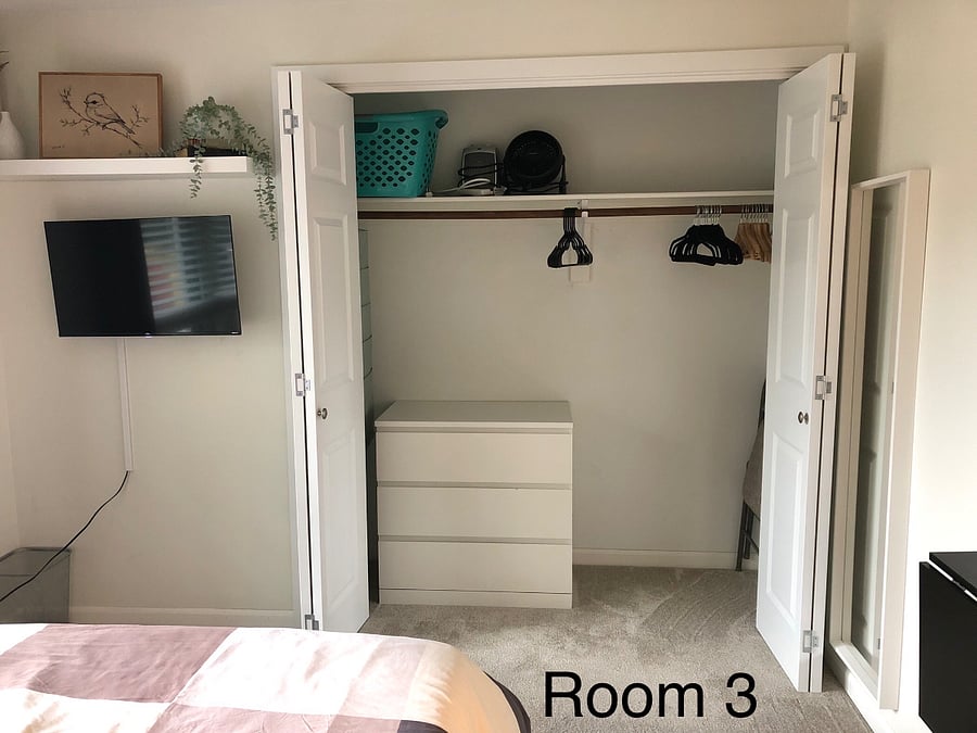 Room comes with plenty of closet storage, hangers, laundry basket