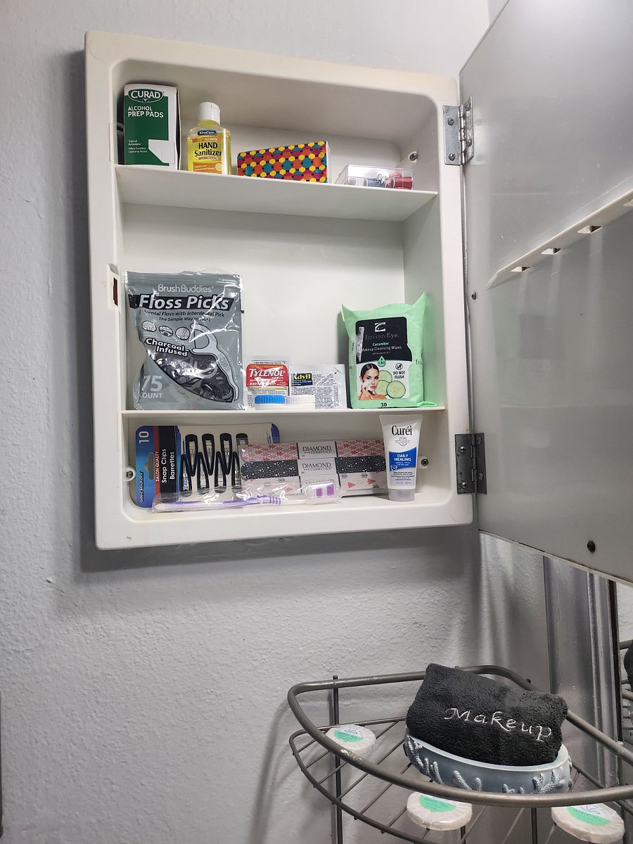 Our medication cabinet has hand sanitizer, cream, facial wipes, and more!