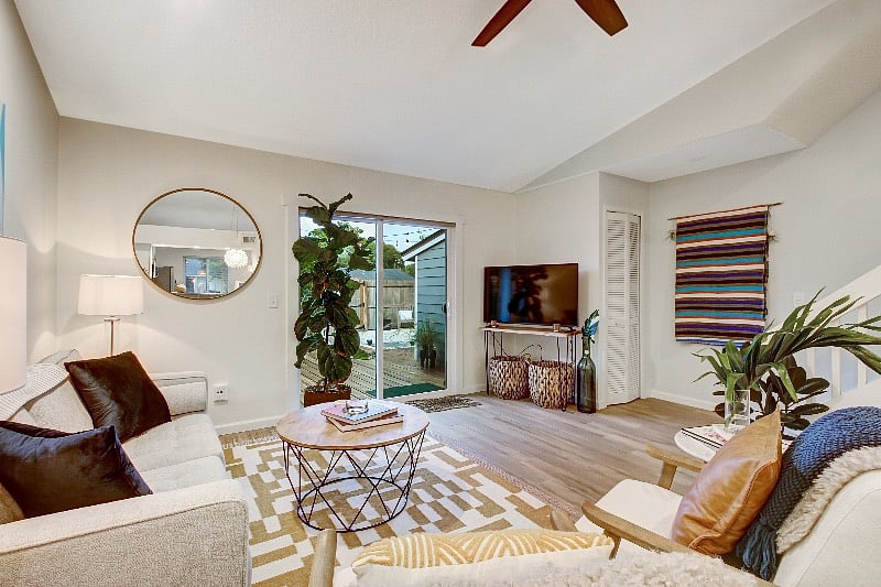 Spacious, light-filled living room/dining room
