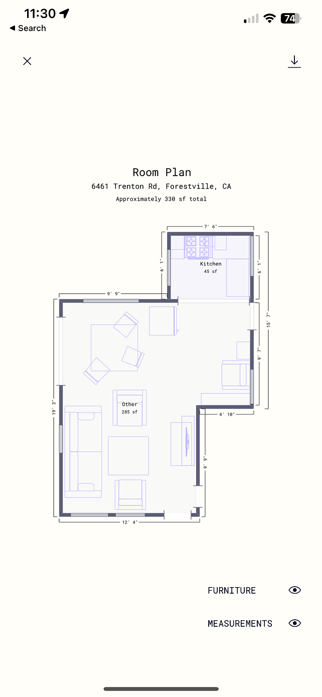 The layout of the great room.  NOTE: The bedroom and bathroom are not part of  this diagram. 