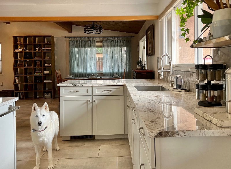 View of kitchen from back door/pantry area