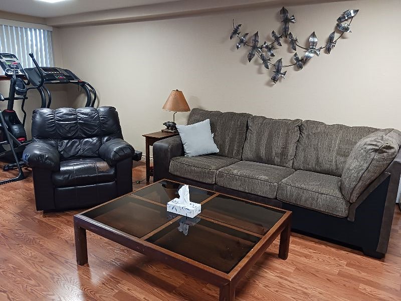 New sofa, leather recliner, coffee table