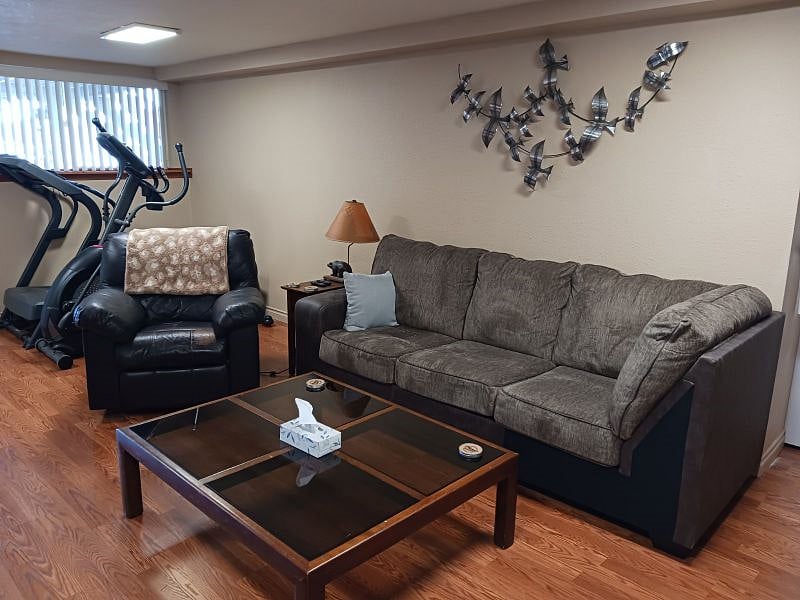couch, rocker recliner, gym