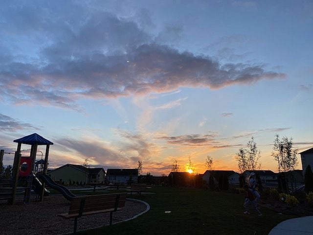 Neighborhood park at sunset.