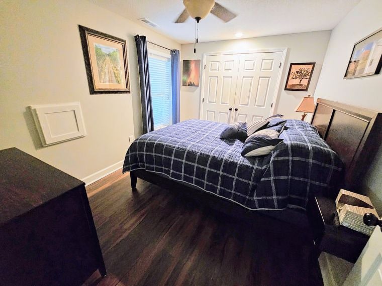 Queen Bedroom with extra blackout shades for daytime sleeping