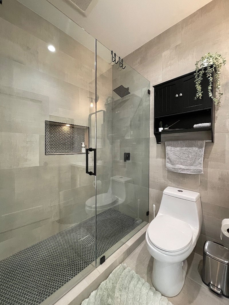 Elegant bathroom with oversized shower. 