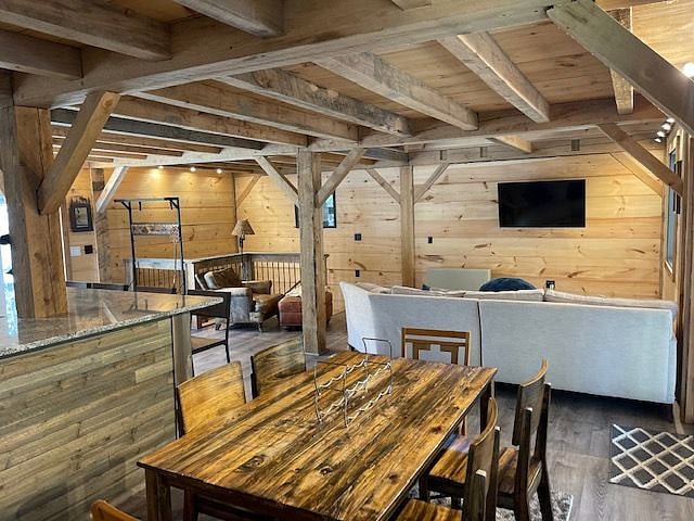 Upstairs open area with kitchen, eating area and den.