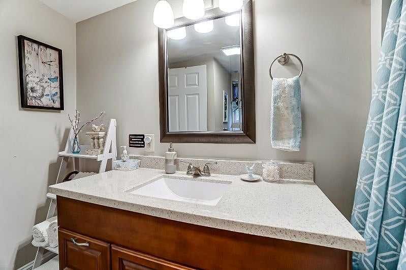 Bathroom with large sink area.