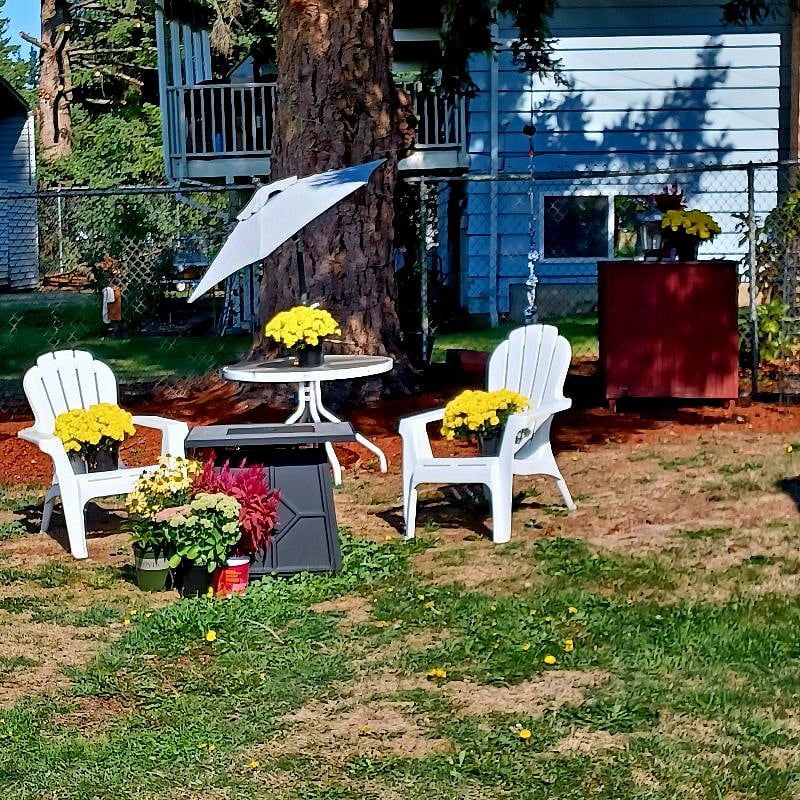 This is the back yard in the fall. A nice time of the year to use your gas firepit to relax or roast marshmallows.