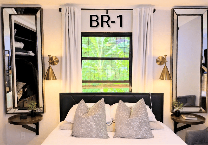 BR-1: Super comfy QUEEN BED, Goose down duvet, white bed linens, white blanket, blackout drapes, white noise machines, iron/ironing board, large closet, flat screen tv, small refrigerator/freezer, Keurig, PRIVATE ENTRY/EXIT (w/ Smart-Lock), PRIVATE patio off bedroom. This bedroom has its own private, secluded tropical garden courtyard, Adirondack chairs/umbrella, complete with bamboo and fruit trees.
