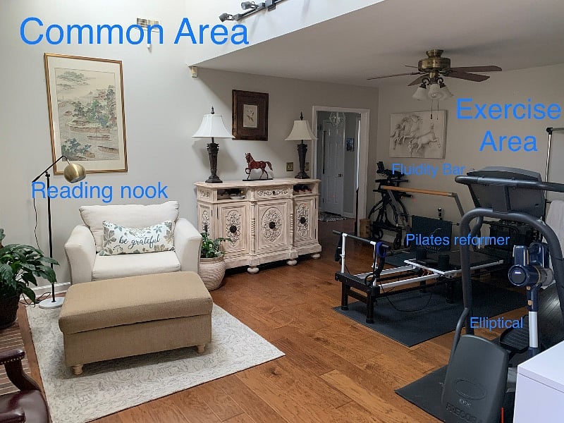 This area is between the kitchen and your hallway. You will feel at home cuddling up by the fireplace reading a book or getting your blood pumping using the exercise equipment! 