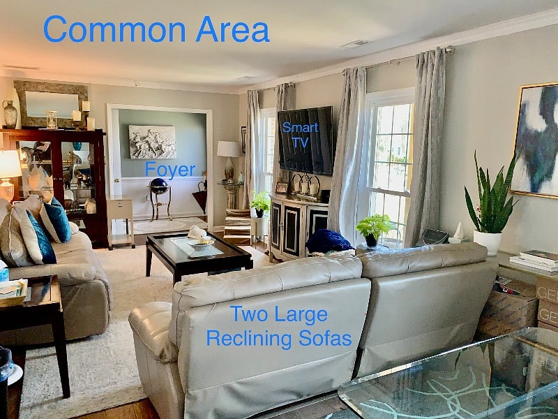 Living Room
Two very comfortable reclining sofas, warm blankets, large screen Smart TV with cable are a great place to relax. 
P.S. like to cook? The TV is visible from the kitchens prepping island! 