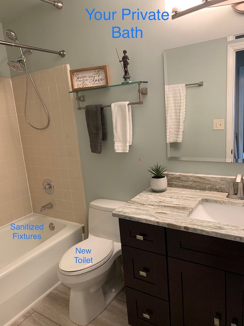Private Bathroom
You will have use of two full sets of towels. The bathroom will be sanitized just prior to your arrival.
