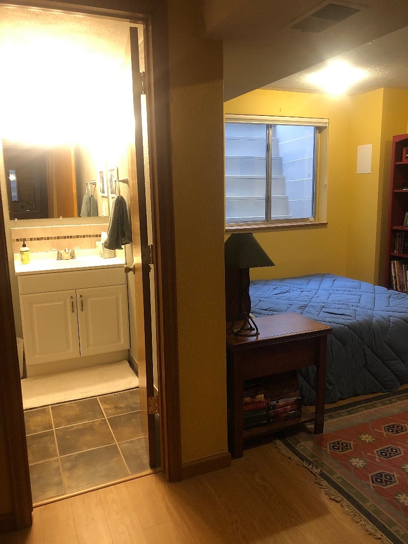Bedroom/bathroom suite. Bed pillows and linens provided, if desired. Mattress and mattress topper like new.