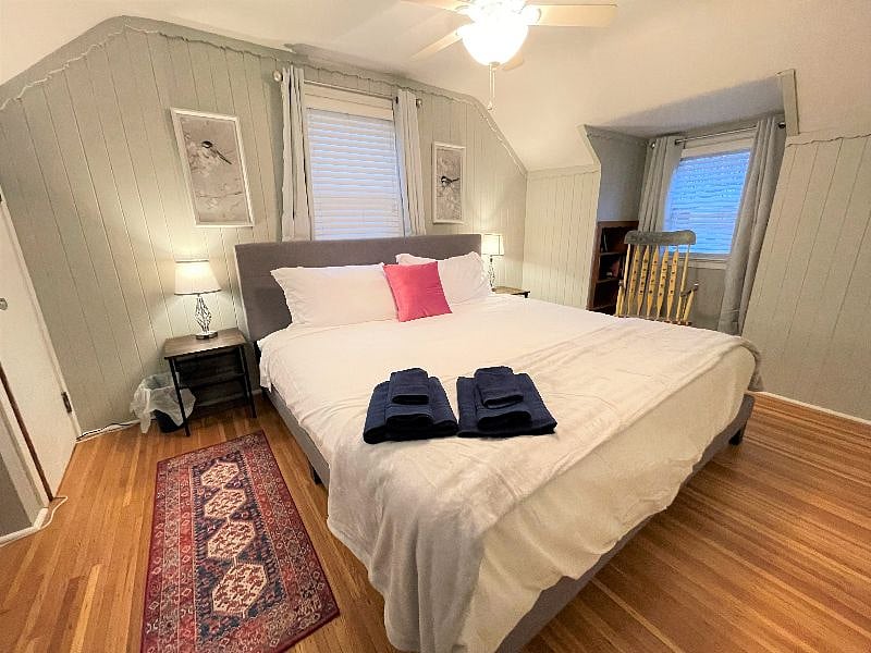 Bedroom # 1, King size bed, desk for work, book case ,rocking chair cool nook for reading books.