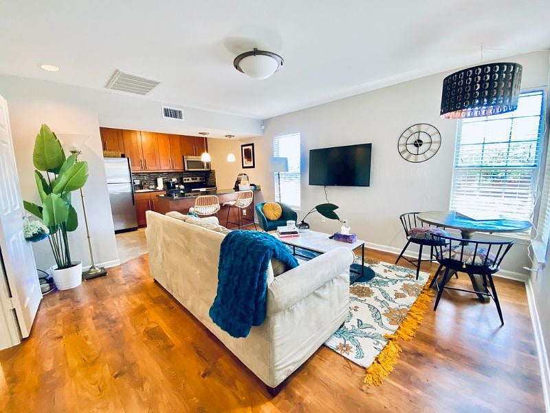 Living room with view of kitchen