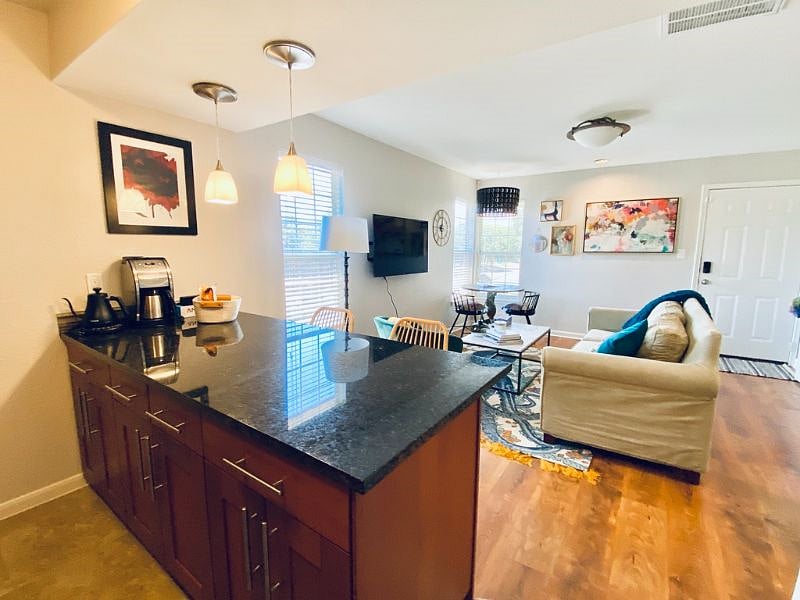 Kitchen with view of living room
