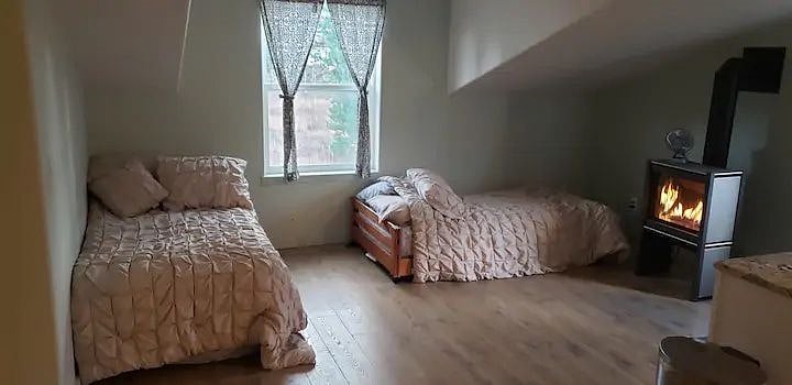 Pair of twin beds and gas fireplace