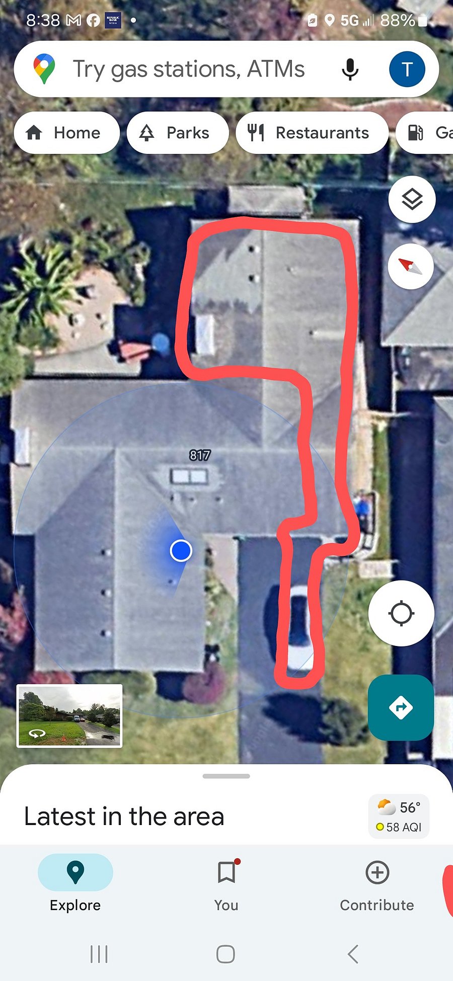 Red outlines apartment and parking spot and private entrance.
