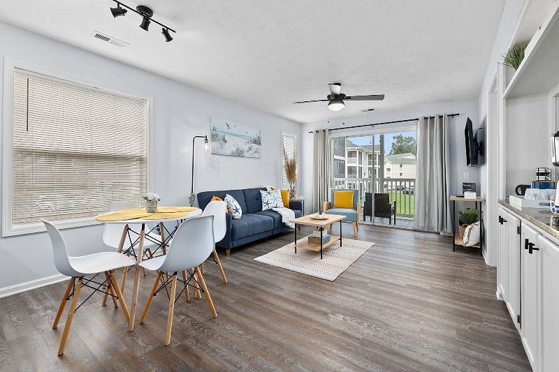 Updated main living area with a view of the patio