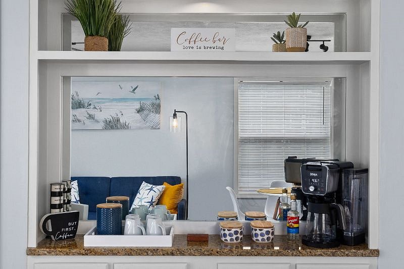 Enjoy your morning coffee with our custom coffee bar! If you don't drink coffee, we provide a variety of tea as well!