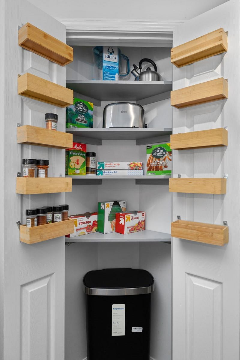 Fully stocked pantry with seasonings, toaster, coffee, kettle, and more to reduce what you have to bring on your trip