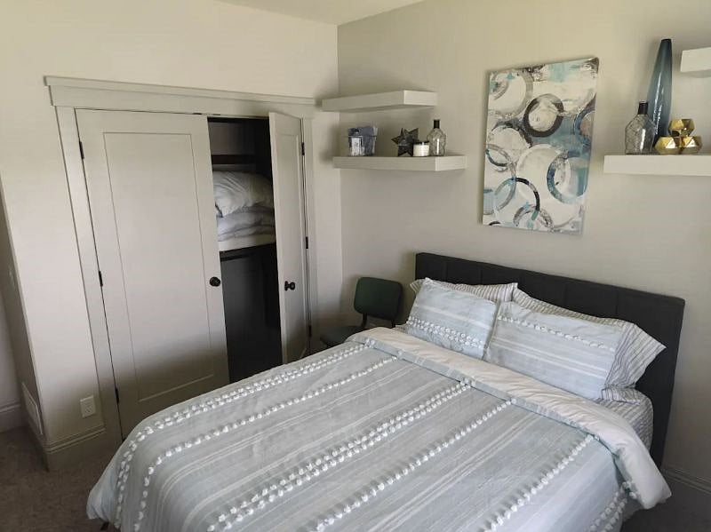 Large closet in bedroom with mini fridge.