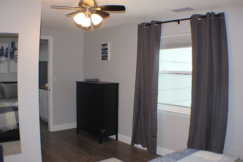 Blackout curtains in bedroom, stand alone dresser