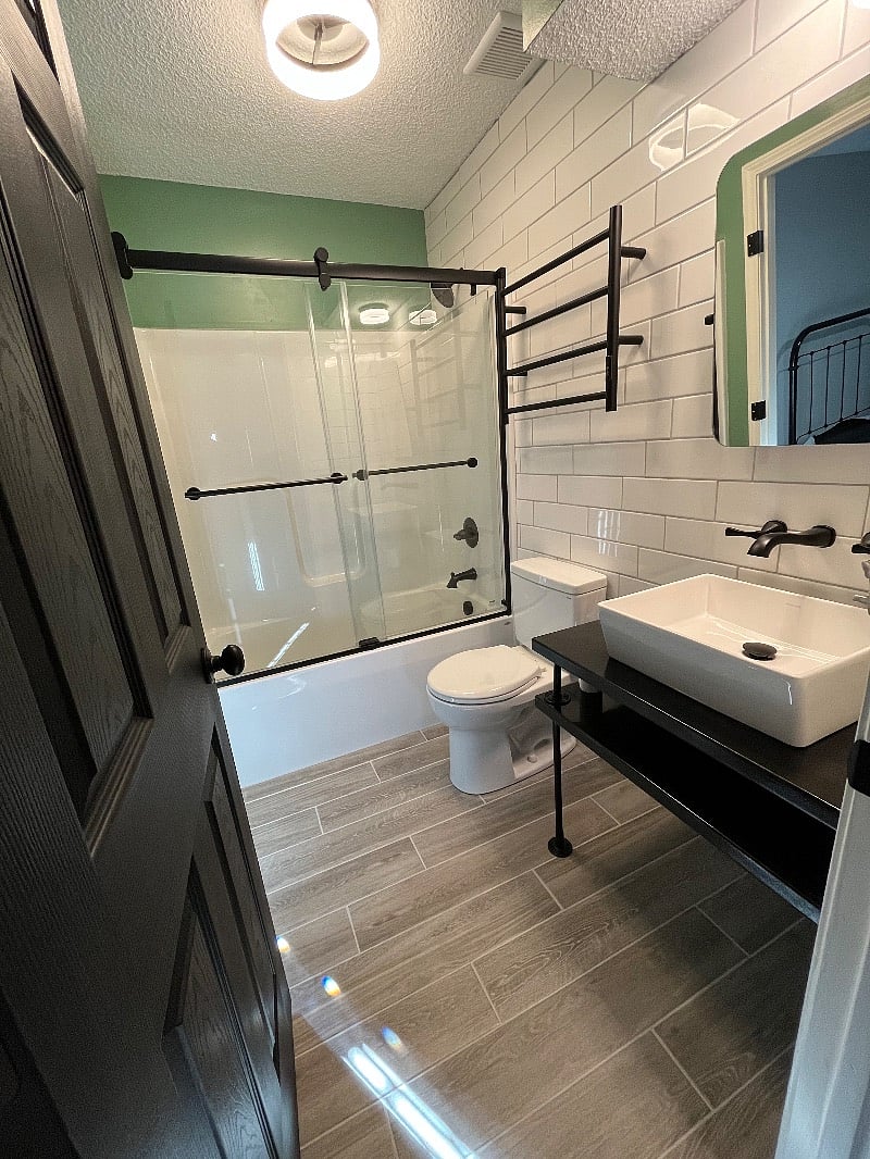 New and beautiful bathroom stocked with heated towel rack! Because who doesnt love a warm towel!