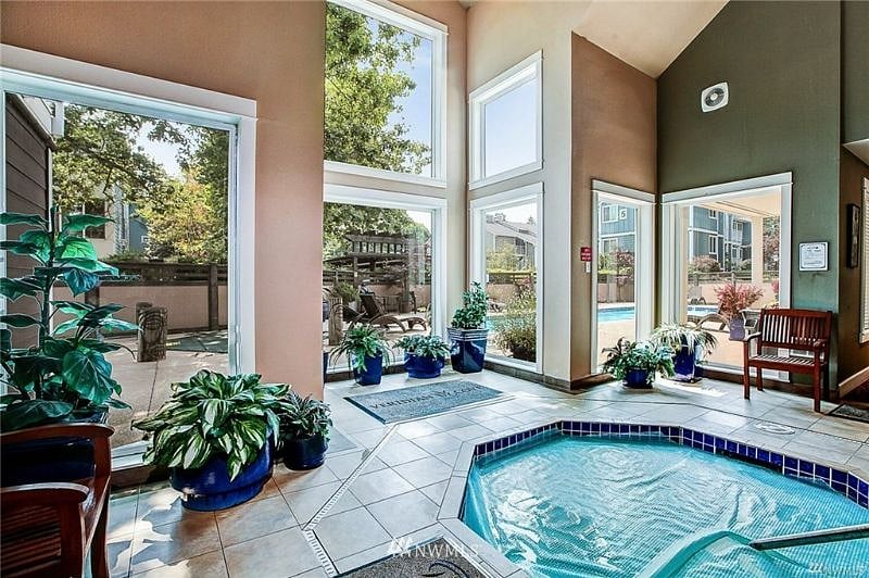 Spa area with shower and bathrooms.