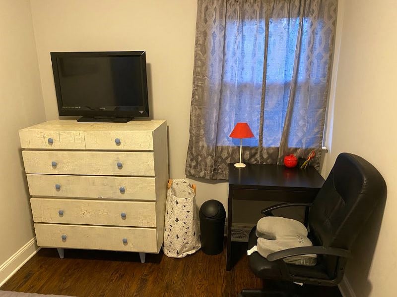 Dresser, TV, Laundry basket, Desk, Chair, Desk Lamp, Trash can