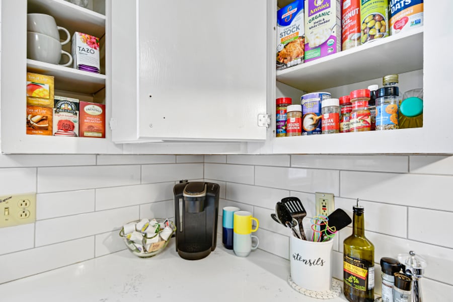 Stocked with Keurig, coffee packets, sweeteners, creamer, spices, and more. 
