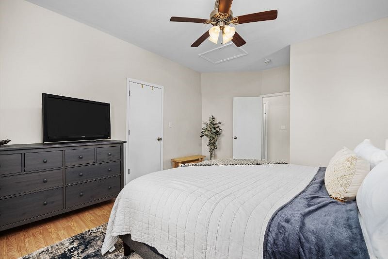 The bedroom also features a SmartTV, blackout curtains, sound machine and charging station.