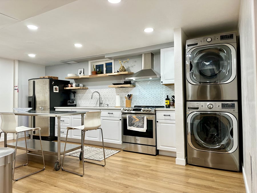 Kitchenette was built new. Stackable Washer/Dryer, Oven, cabinets and sink are all new. Floating shelves are butcher block!