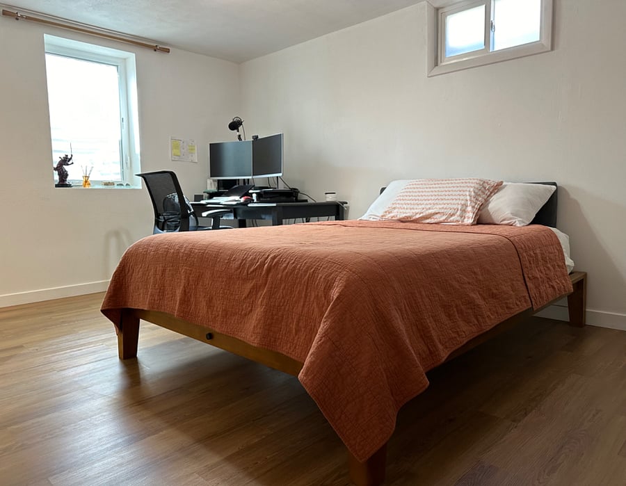 Master bedroom is big enough to fit a queen (pictured here), or king sized bed. 