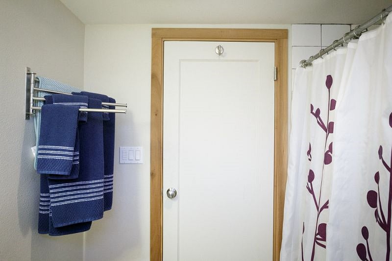 Bathroom angle viewing toward exit