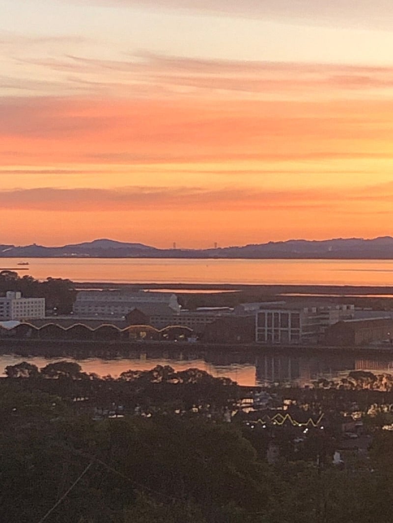 Those are the arches of the Golden Gate Bridge at the center of the frame.