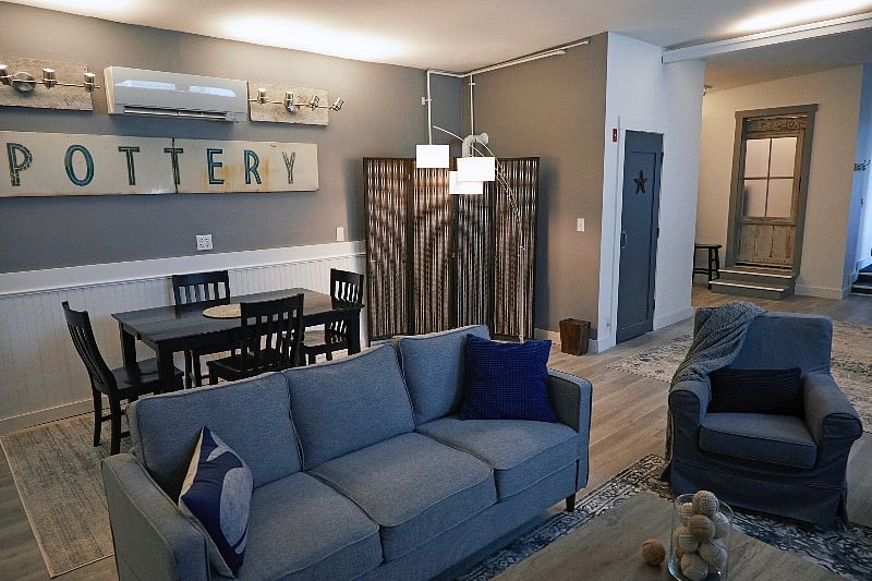 Dining area, with seating for six, is adjacent to the comfortable living room.