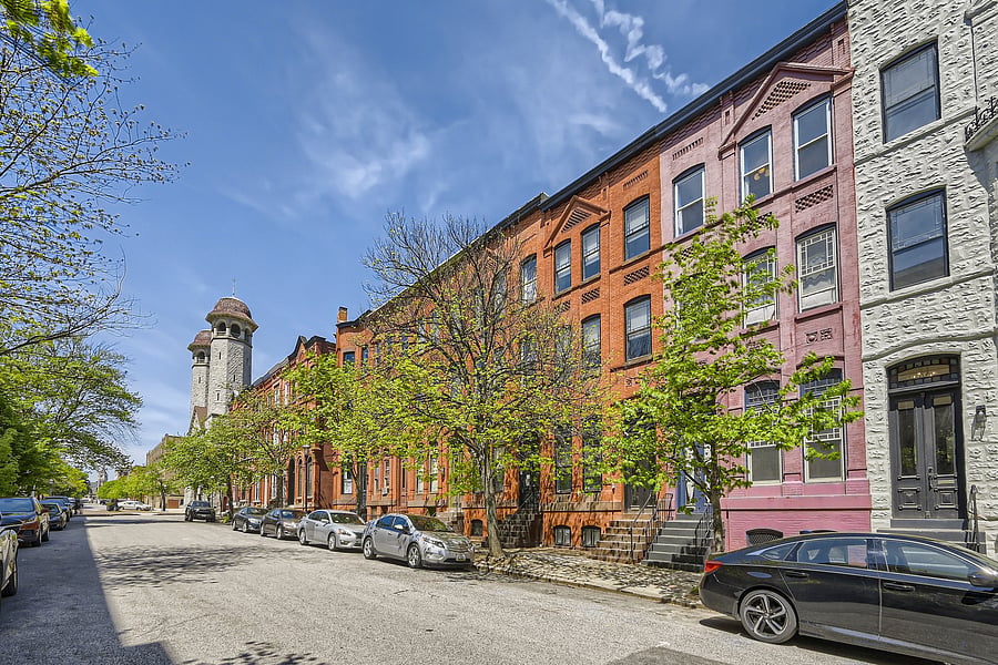Exterior street view of the quintessential Baltimorean historic row homes