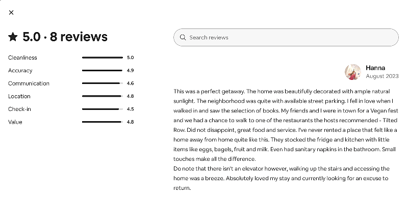 Five-star review from our Airbnb guests