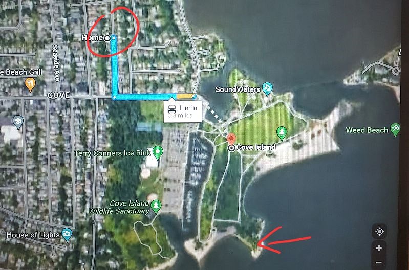 The red circle is my home and the red arrow is the tip of the Park by the water.