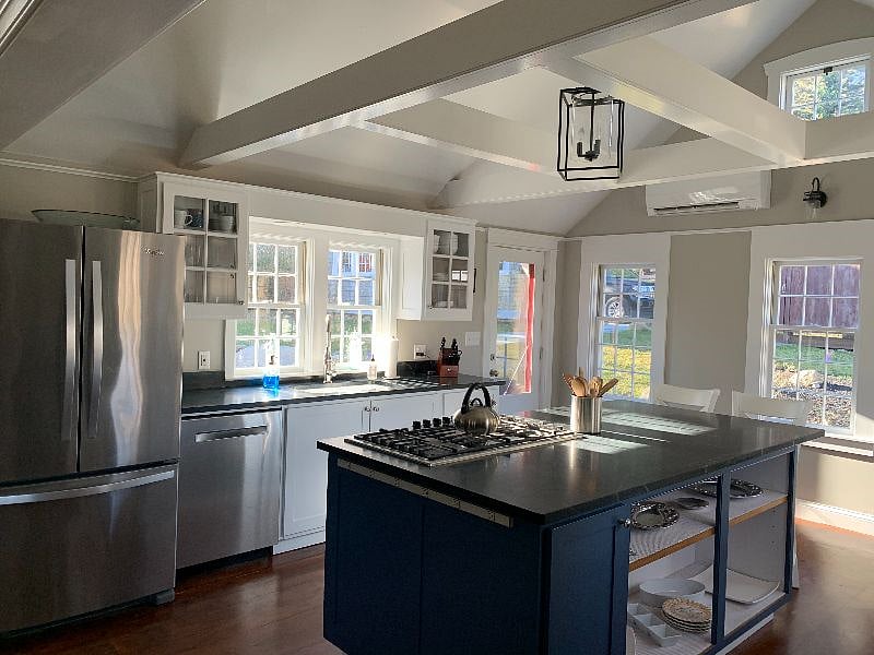This kitchen shown here is spacious and sunny with modern amenities.
