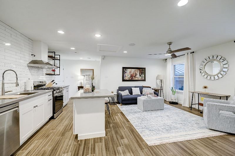 Open and airy kitchen and living area.