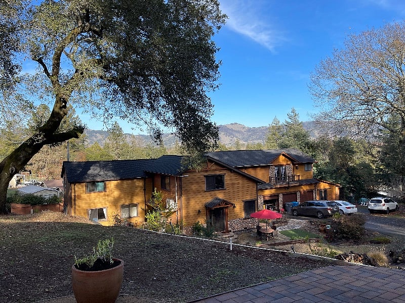 The patio view looks to the north towards our main residence and the 140 year old heritage oak tree. The cottage has a better view than we have! 