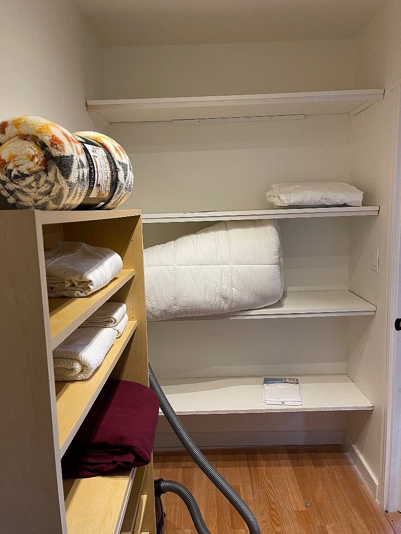 Extra comforters, batteries, a bit of office supplies and first aid kit.