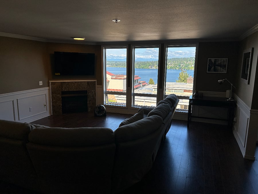 Dark to showcase the view. Living room with 2025 55in Smart TV