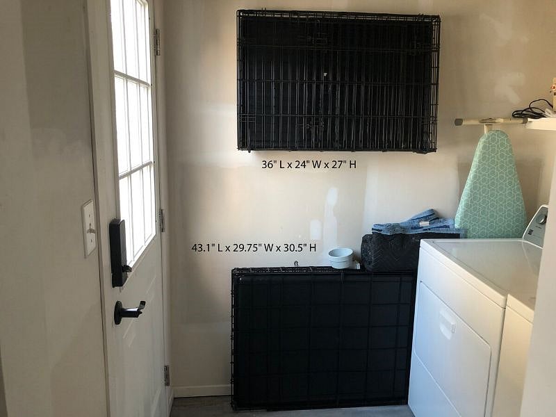 We now have two dog crates! :) Medium: 36" L x 24" W x 27" H. Large: 43.1" L x 29.75" W x 30.5" H