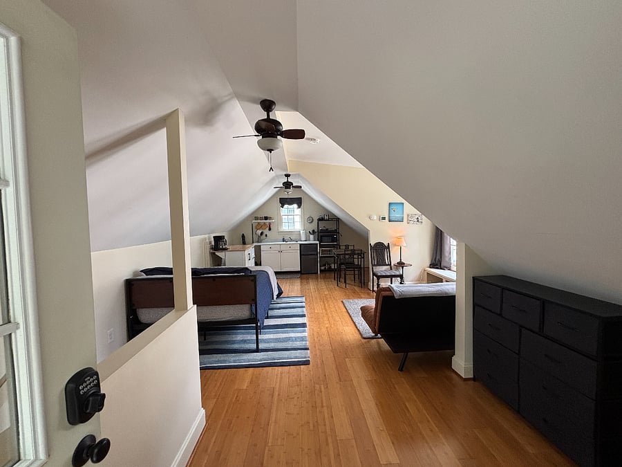 View as you enter the studio apartment. Notice the secure keypad lock on door.