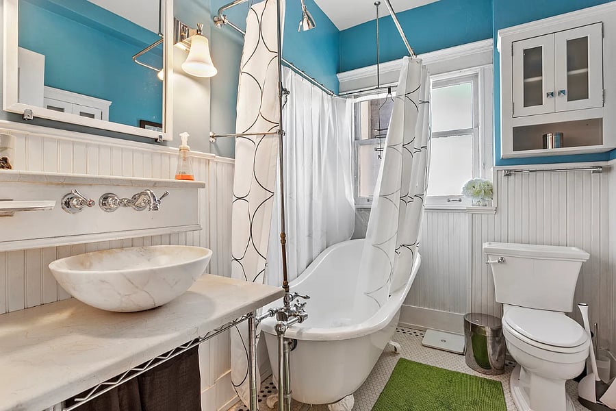 Bathroom, tile heated floor is nice in winter. Bathtub faucet no-longer so shower only. 