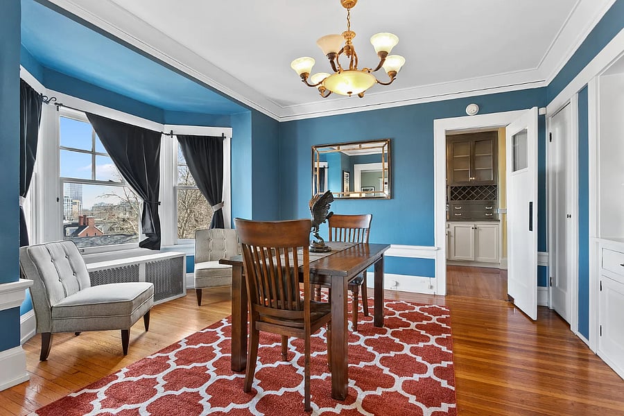 Dining room (expandable table). Two chairs for morning coffee and view east.